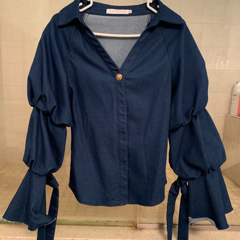 Denim bell sleeve blouse